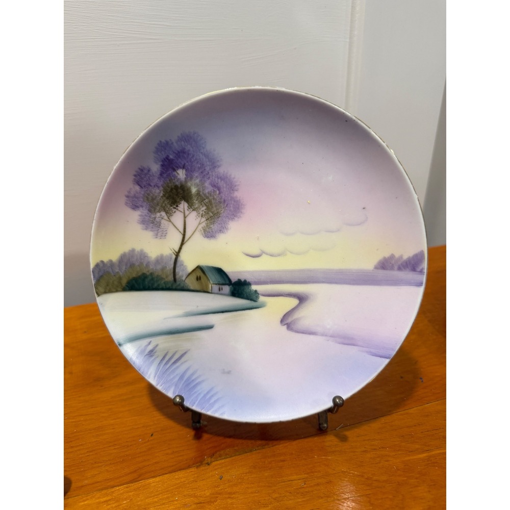 Vintage Hand Painted Japan Porcelain Decorative Plate Purple Tree Landscape 7.7"